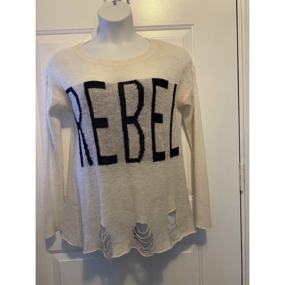 AQUA Women’s Sweater Shirt Sz Medium REBEL Black Ivory Cutout Grunge Boho Biker‎ - Picture 2 of 7